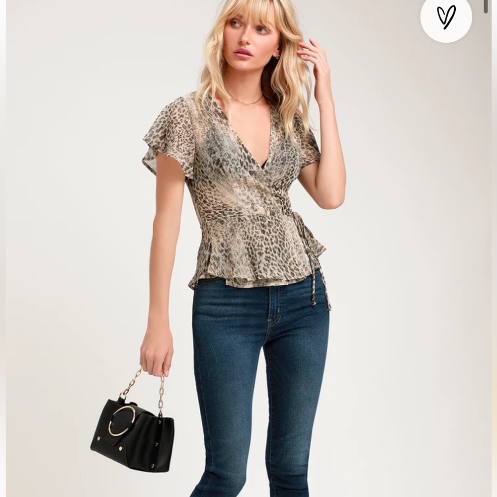 Lulu’s Hot Take Light Beige Leopard Print Sheer Wrap Top Size Small